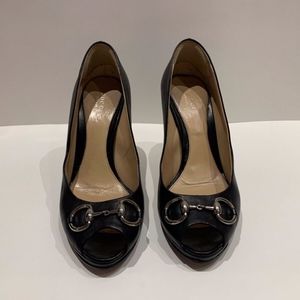 Gucci Black Leather Peep Toe Horsebit Pumps
